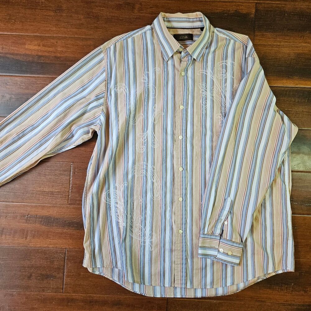 Tasso Elba Men's XL Striped Embroidered Long Sleeve Casual Button Down Shirt